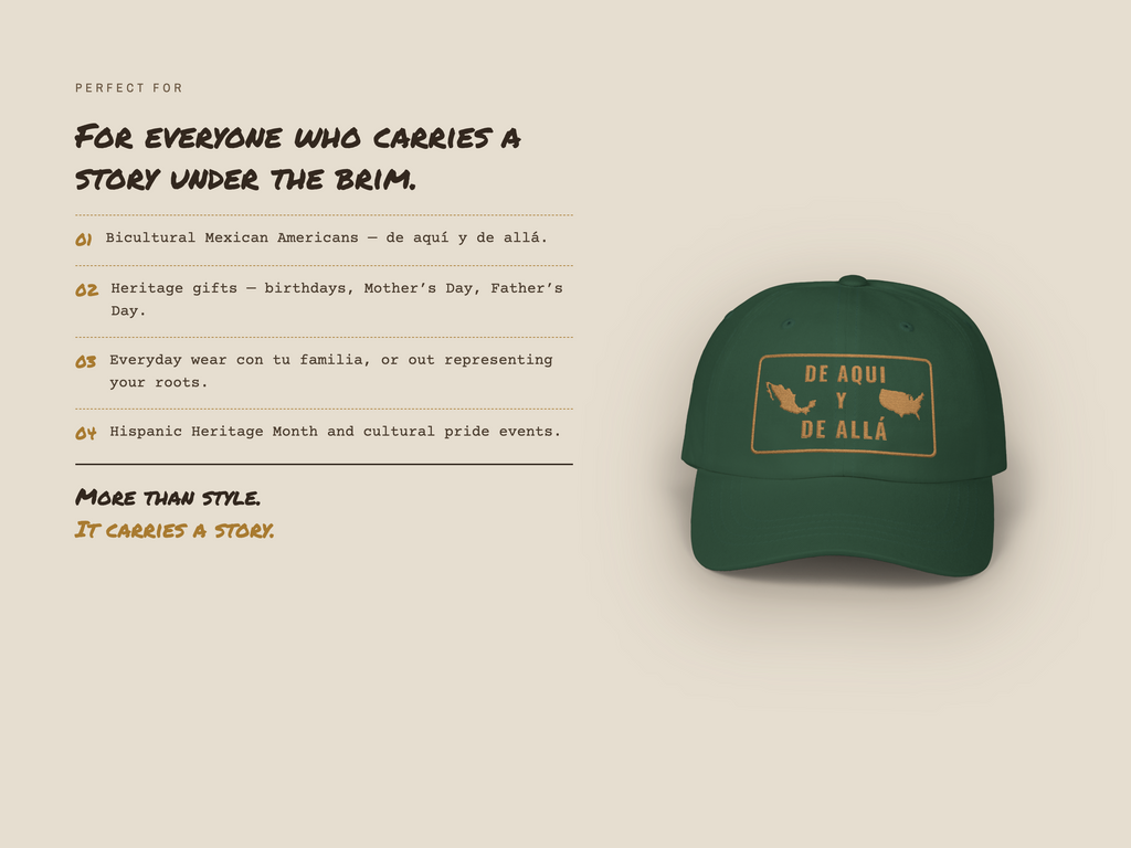 Mexican American Dad Hat, De Aquí y De Allá Embroidered Cap | Old Gold Stitching | Bicultural Pride Adjustable Hat Gift