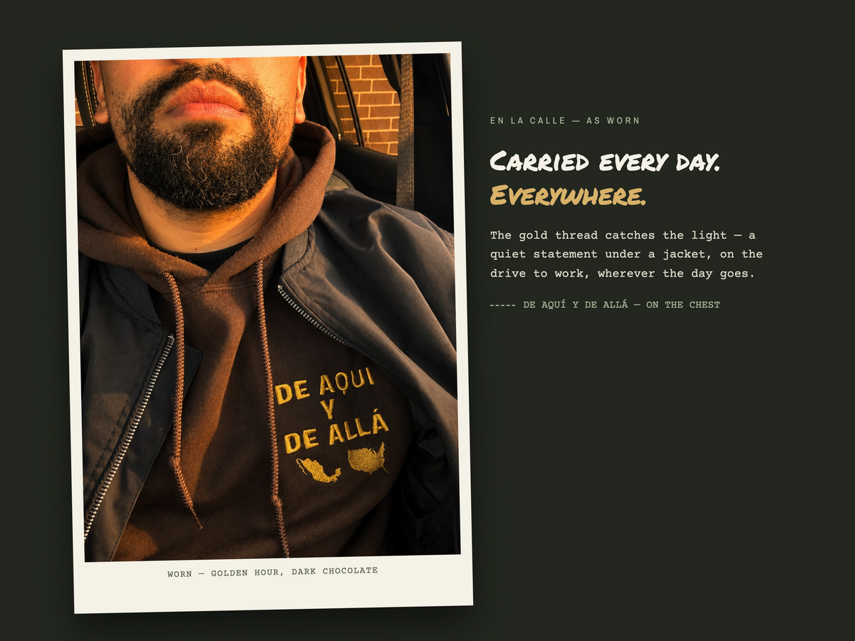 De Aquí y De Allá Embroidered Hoodie | Mexican American Hoodie | Nepantla Cultural Sweatshirt