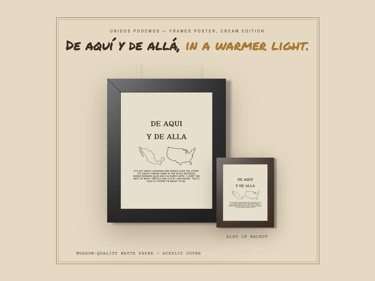 Mexican American Framed Poster, Brown De Aquí y De Allá Wall Art | USA Mexico Bicultural Print | Latino Heritage Home Decor Gift