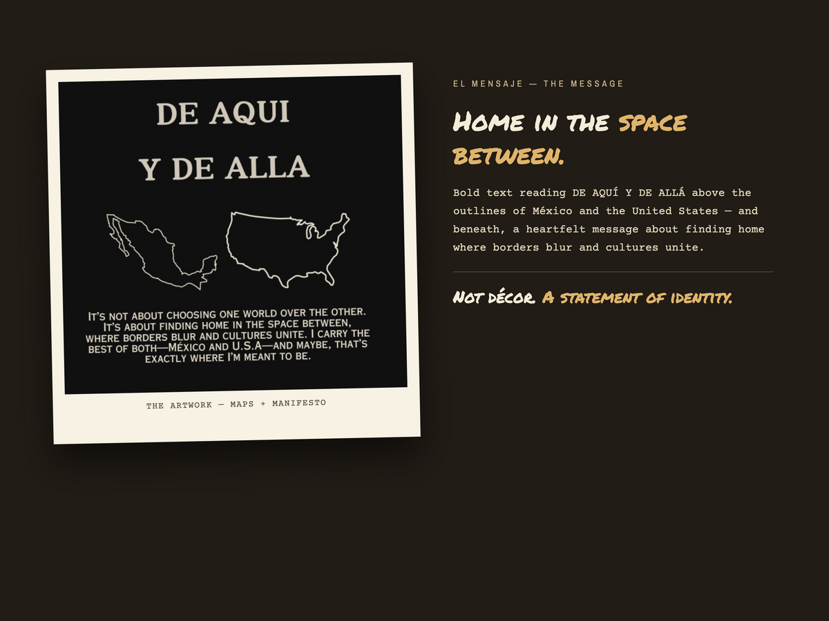 Mexican American Framed Poster, Black De Aquí y De Allá Wall Art | USA Mexico Bicultural Print | Latino Heritage Home Decor Gift