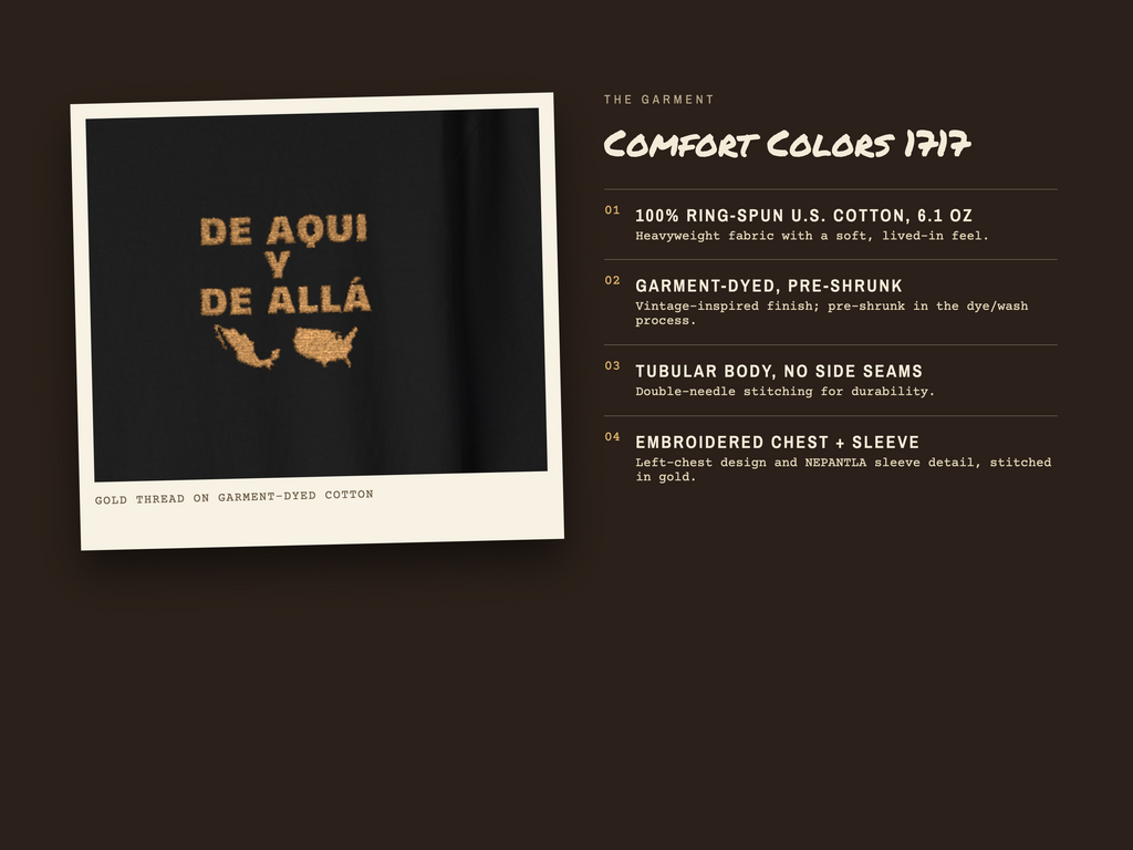 De Aquí y De Allá Embroidered Shirt | Mexican American Comfort Colors Tee | Nepantla Cultural T-Shirt